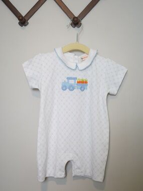 NWOT Baby Luigi Short Sleeve Romper with Blue Train Applique